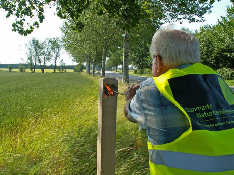 Jens Garde fra DN Solrød brændemærker en fortællepæl på Gudernes Stræde