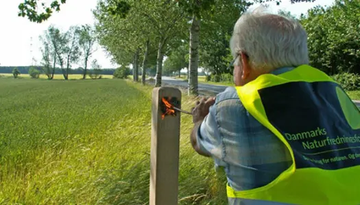 Jens Garde fra DN Solrød brændemærker en fortællepæl på Gudernes Stræde